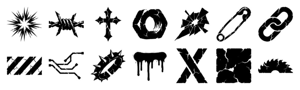 Grungy Streetwear Distress Graphic Element Kit for Y2K Cyberpunk and Neo-Tribal Apparel Design