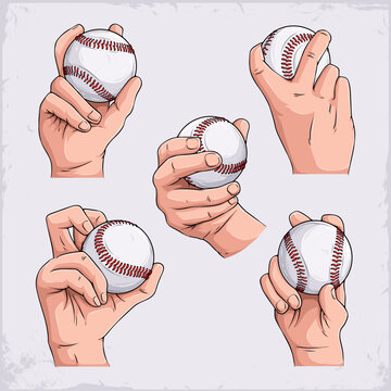 Set of five different male hand grips holding baseball for various pitches like four-seam fastball, two-seam, curveball, changeup and slider.