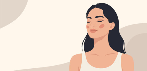 Woman with closed eyes enjoying a moment of peace. Vector illustration with space for text on a soft beige background. For topics related to wellness, beauty, self-care, mental health, psychology
