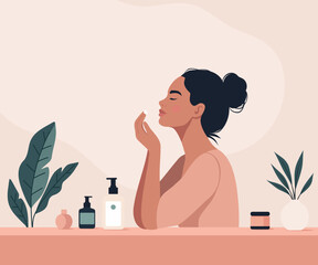 Vector illustration with space for text of a relaxed woman applying skincare products. Plants, cream, lotion, other skincare products are on the table. For beauty, health, self-care, daily routines
