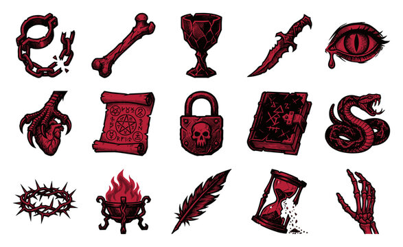 Dark Woodcut Occult Symbols Graphic Element Kit for Gothic Horror and Esoteric Alchemy Design