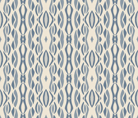 Blue and Off-White Ikat Damask Seamless Pattern Illustration with Abstract Leaf Motifs