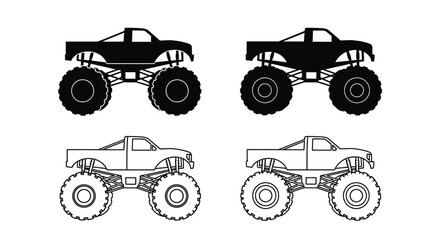 Four depictions of monster trucks some filled and some outlined © Tutul
