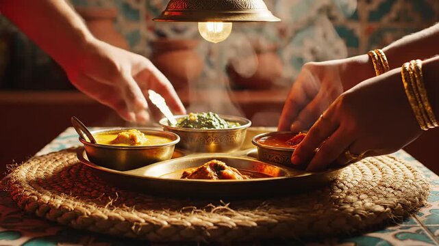 Hands reaching for freshly prepared indian thali dinner dishes served in small bowls during warm intimate family meal