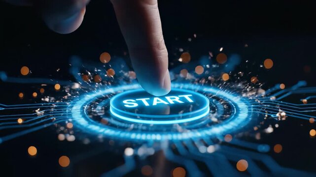 Businessman's finger touches glowing blue START button on dark futuristic circuit board background, concept for new business ventures, data processing initiation and system reboot