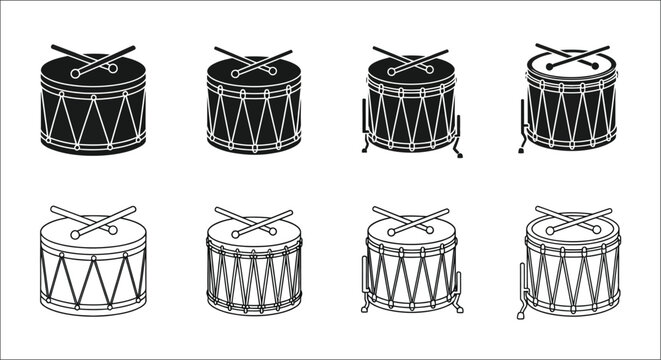 A collection of black and white drum illustrations in varying perspectives