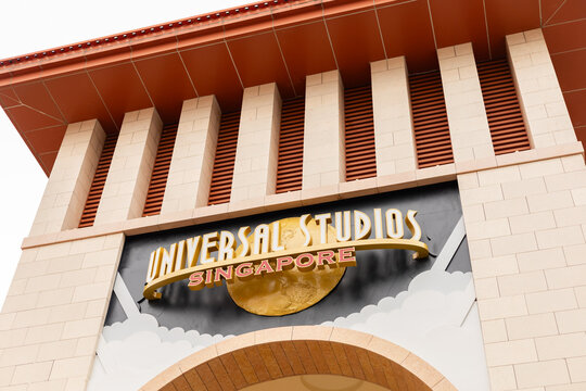 Singapore - January 25, 2026: People visit Universal Studios Singapore, enjoying the entertainment offerings and attractions. The entrance sign shows the name of the park clearly.