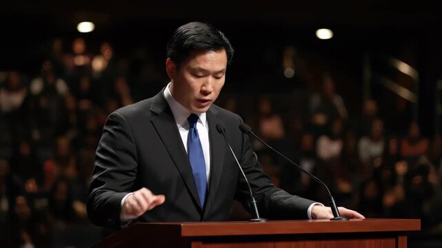 Professional Asian executive delivering a powerful speech from a podium to a vast blurred audience, concept for leadership training, business seminars and political rallies
