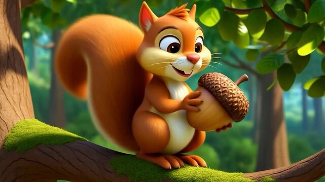 Cute Cartoon Squirrel Holding an Acorn.