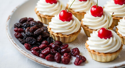 Delightful mini fruit tarts with whipped cream and cherries