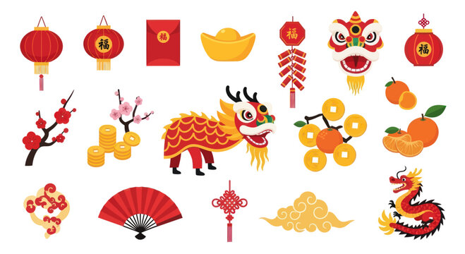 Chinese New Year Flat Icons Set: Dragon, Lanterns, Firecrackers, Coins, Oranges, Envelopes