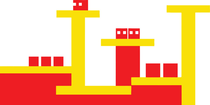 Red and yellow pixelated geometric shapes form a stylized 2D platformer game level, featuring small red block characters navigating a complex yellow and red terrain against a bright white background.