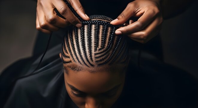 Close-up of skilled hands braiding intricate cornrows on a woman's head