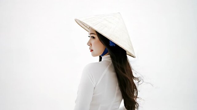 Vietnamese woman in traditional white ao dai with conical hat, turning head from back to front over time