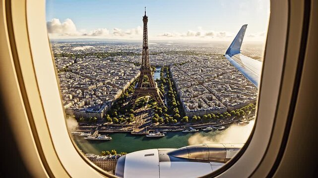 Aerial view of Paris featuring the Eiffel Tower from an airplane window on a sunny day