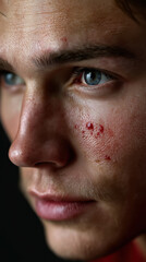 Obraz premium close up of young man with acne on cheek male skin problem and dermatology treatment concept