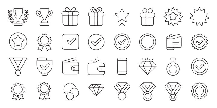 Achievement line icons collection for mobile apps and websites showing rewards trophies and payment symbols