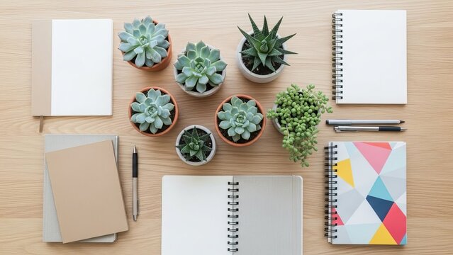 Flat lay composition with various succulent plants in pots, notebooks, and pens arranged neatly on light wooden table creating organized and natural workspace aesthetic