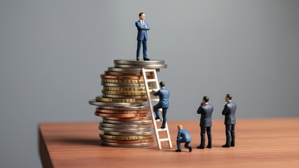 Business figure climbing a ladder on a stack generic coins to reach the top generic the business hierarchy leader