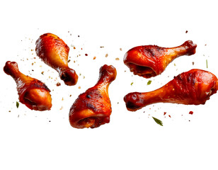 Grilled chicken drumsticks from a barbecue floating in midair, cut out