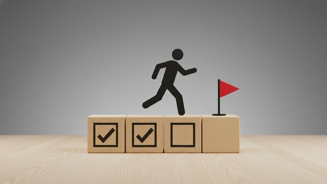 Figure walking on wooden blocks with checklist marks toward a red flag symbolizing goal achievement and progress