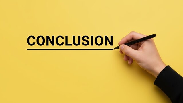 Hand holding a pen underlining the word conclusion against a bright yellow background in a business setting