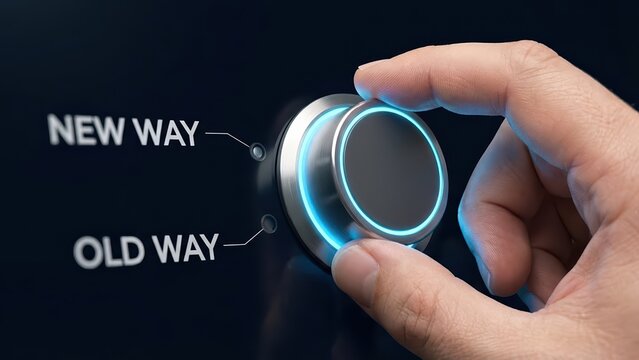 Hand turning a glowing knob on a device to choose between the old way and a new way generic doing things