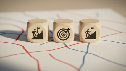 Wooden cubes placed on a map generic goal achievement and growth through a strategic plan for success.