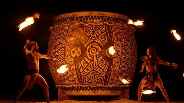 Fire dancers perform with flames near a large decorated drum at night.