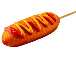 Tasty Corn Dog on a Wooden Stick with Mustard and Ketchup Swirl, cut out
