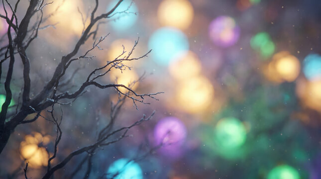 A delicate winter branch dusted with snow stands against a glowing backdrop generic colorful winter lights.