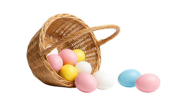 Wicker basket tipped over with pastel colored eggs spilling out onto a white background in a studio shot cutout on alpha channel