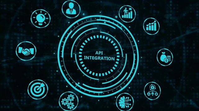High-tech digital illustration showcasing API integration with vibrant neon blue circuits, holographic elements, and a sleek dark interface for modern business and tech applications.