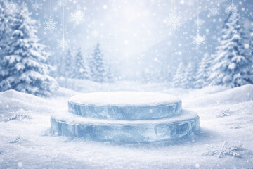 A winter scene featuring a two-tiered ice podium surrounded by snowfall and snow-covered trees.