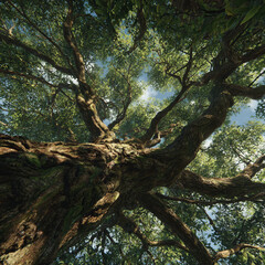 Fototapeta premium Ancient oak tree with sprawling twisted branches seen from below, dappled sunlight and green leaves creating majestic natural perspective