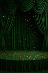 Fototapeta premium A theater setup featuring a round stage draped in rich green velvet with golden confetti scattered across.