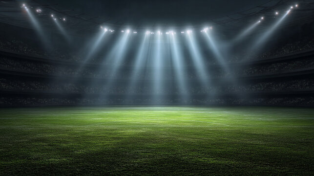 Empty Sports Stadium with Bright Spotlights on Green Field at Night