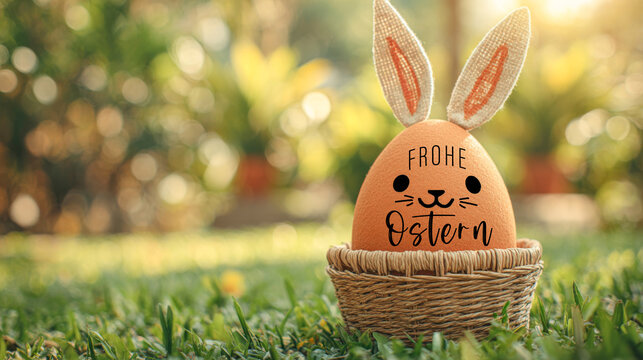 Frohe Ostern Konzept Feiertag Gru&szlig;karte, Karte mit deutschem Text - Ei Osterei mit Hasenohren, Osterhase in Korb im Gras auf Wiese