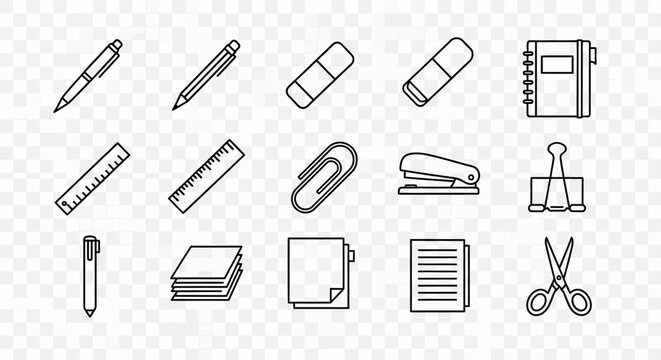 Set ikon perlengkapan kantor minimalis, alat tulis dan alat pengorganisasian bergaris, ilustrasi kartun vektor, latar belakang transparan, paket ikon teratur.