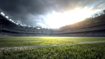 Fototapeta premium Dramatic Soccer Field in Stadium with Sunlit Clouds and Lights