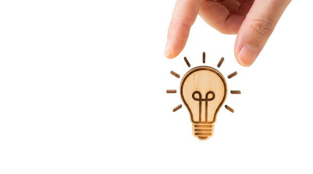 Hand with fingers hovers above a lightbulb icon with radiating lines, suggesting an idea or inspiration on white and transparent