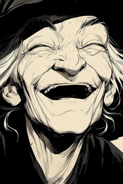 Whimsical illustration of an expressive old witch character in rustic fantasy clothes. Kind magical hag portrait with fairytale attributes