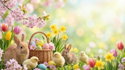 Naklejka premium Easter celebration with bunnies and chicks blossom garden colorful flowers springtime serene landscape joyful scene nature's beauty
