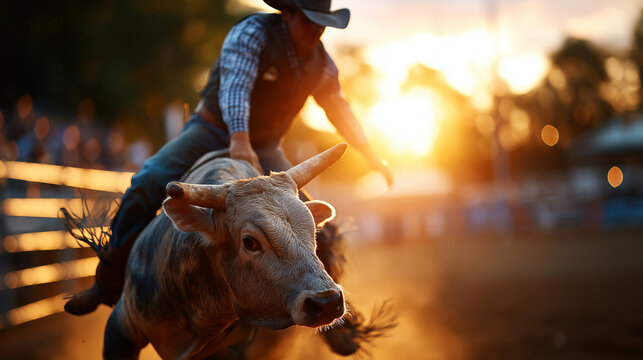 Faceless cowboy bravely rides bucking bull at lively rodeo competition under golden sunset, western sporting event, arena action, defocused spectators, with copy space