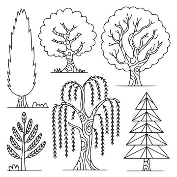Set of hand-drawn tree line art icons, black and white coloring page for kids