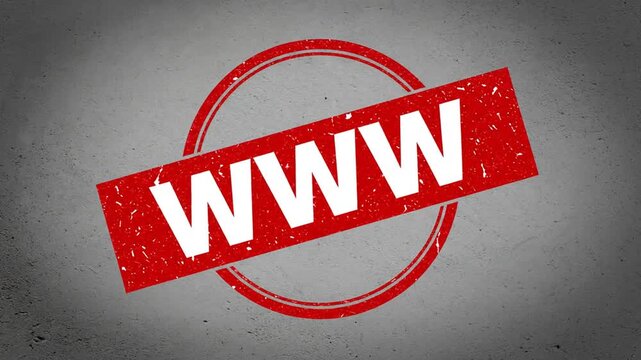 Abstract red stamp with white text and circular graphic on gray background