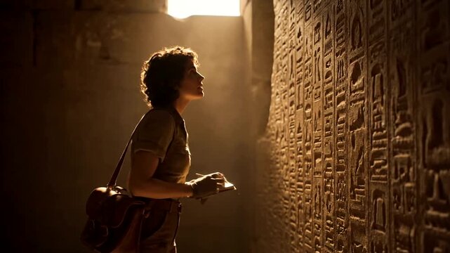 Researcher studying ancient hieroglyphs in a dimly lit Egyptian tomb.