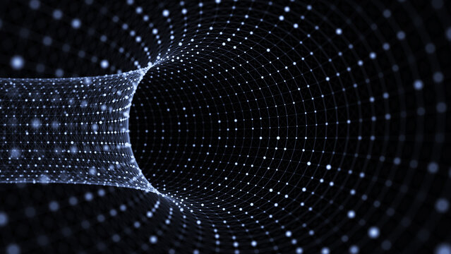 Abstract sci-fi tunnel. Wormhole absorbs cyberspace. 3D portal. Futuristic fantasy high-tech funnel. 3d rendering.