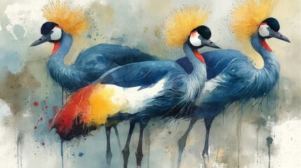 Obraz premium Watercolor painting features three crowned cranes with vibrant plumage