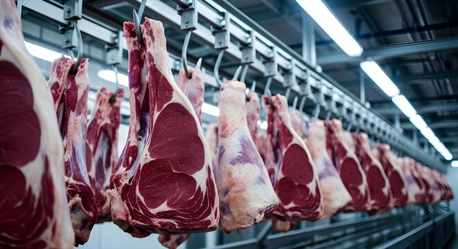 Raw beef carcasses hanging on hooks in modern meat processing facility